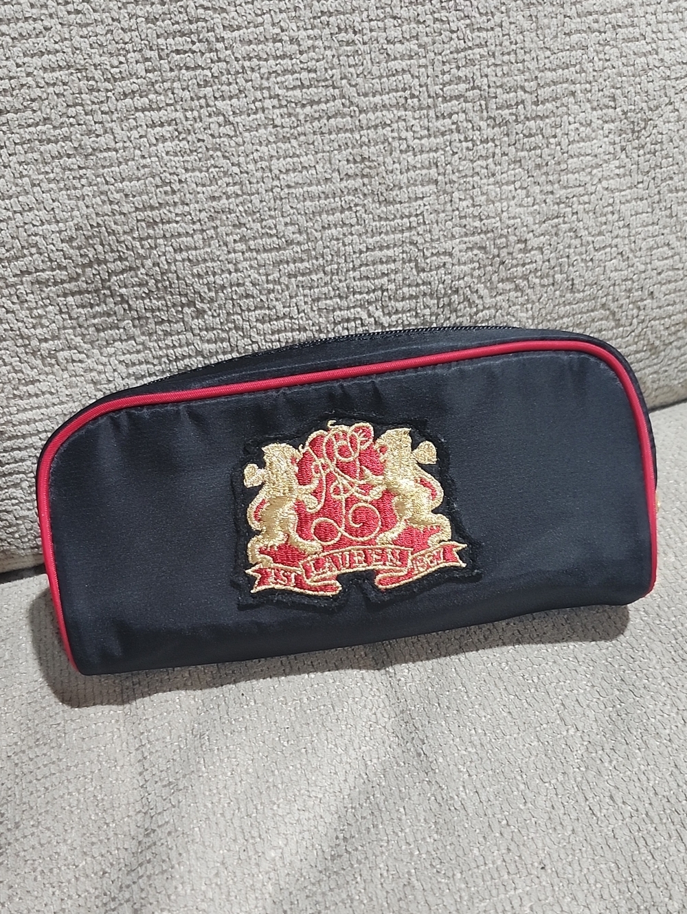 Vintage Black Cosmetic Pouch with Red Trim and Gold Crest